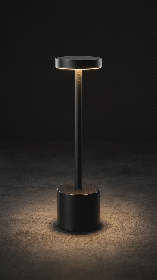 Lampara Lumen encendida sobre una mesa, con su luz calida iluminando alrededor